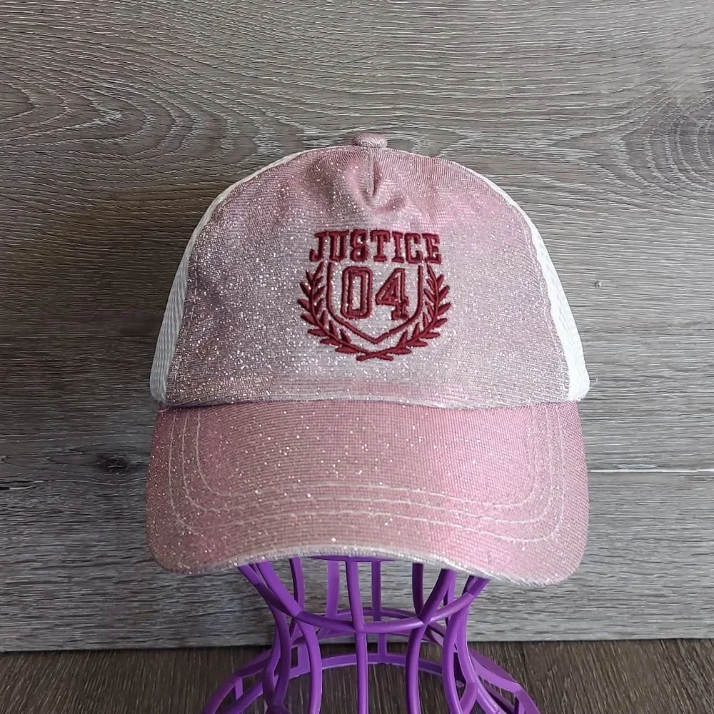 Justice Pink Shimmering Sparkly Iridescent Pony Tail Ball Cap Hat OSFM
